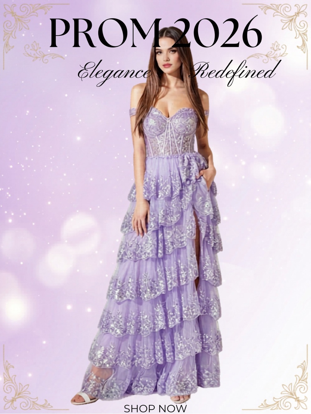 Off-Shoulder Lilac Tiered Lace Prom Dress